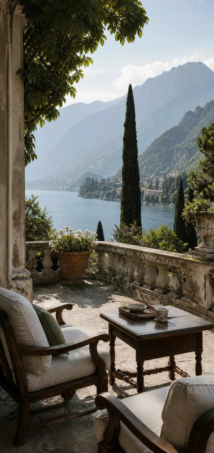 A historic furnished villa terrace overlooking Lake Como